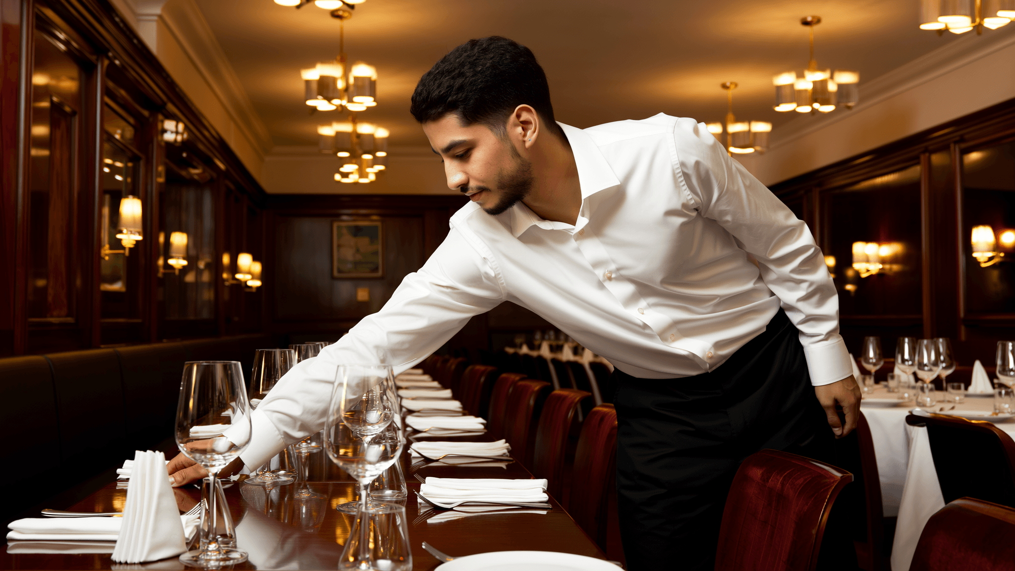 Garrotero profesional preparando mesas en restaurante elegante