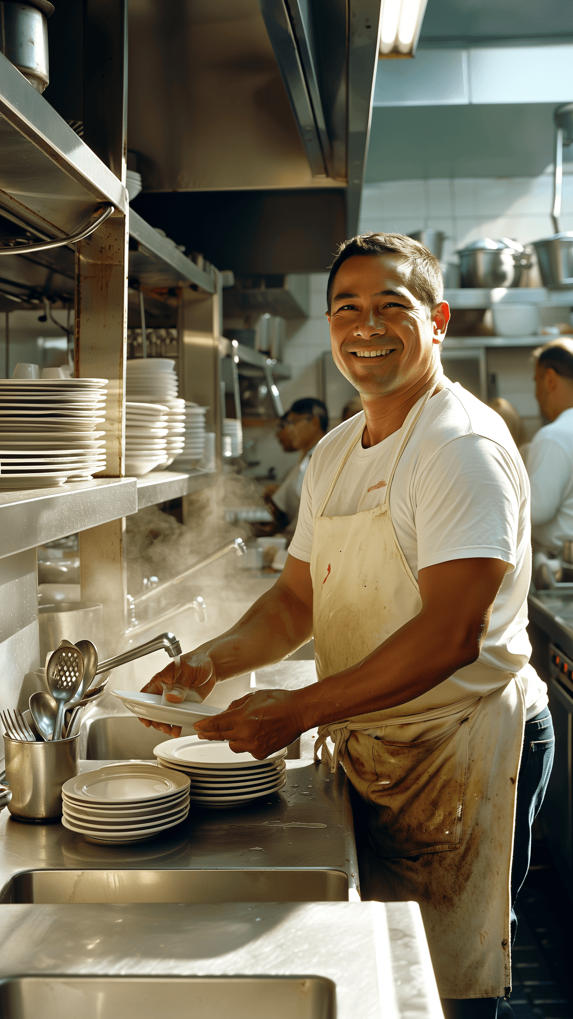 Lavaloza profesional sonriendo mientras lava trastes en cocina industrial de restaurante mexicano
